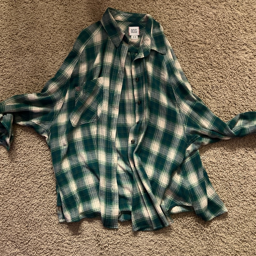 Green and White Plaid Button-Up Shirt Flannel fits oversized